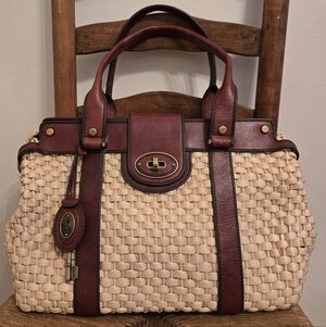 Vintage Fossil Large Woven Corn Husk Purse Tote Bag Leather Trim